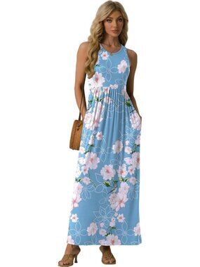 Women's Floral Blue Summer Sleeveless Casual Long Tank with Pockets Maxi Dress